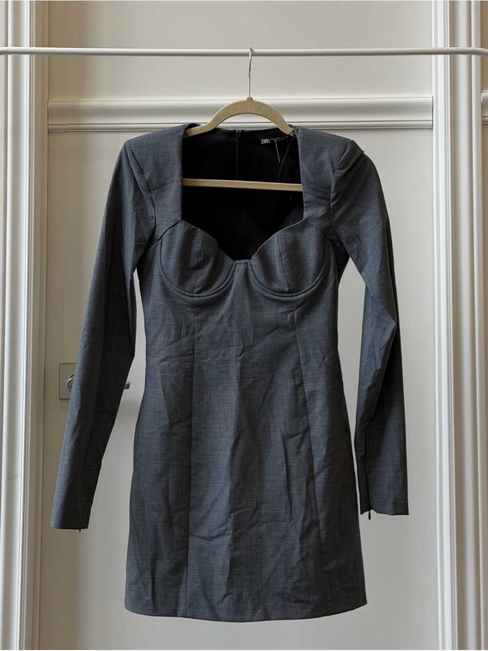 Zara Charcoal Gray Long-Sleeve Square-Neck Mini Dress